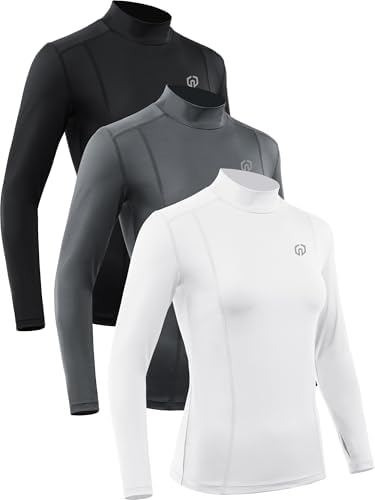 NELEUS Women's 3 Pack Stand Collar Quick Dry Hiking Compression Long Sleeve Athletic Shirts, Black/Grey/White