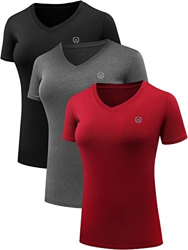 NELEUS Women's 3 Pack V Neck Activewear Athletic Compression Shirt, Black, Grey, Red
