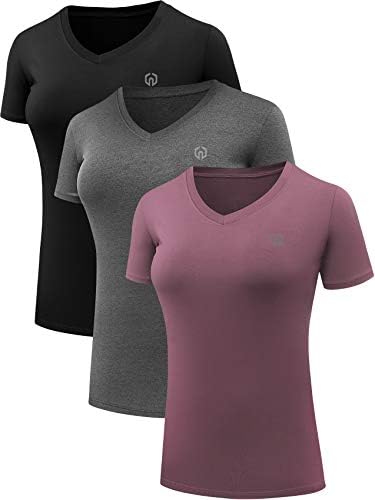 NELEUS Women's 3 Pack V Neck Compression Running Shirt Workout Clothes, Black/Grey/Rosy Brown