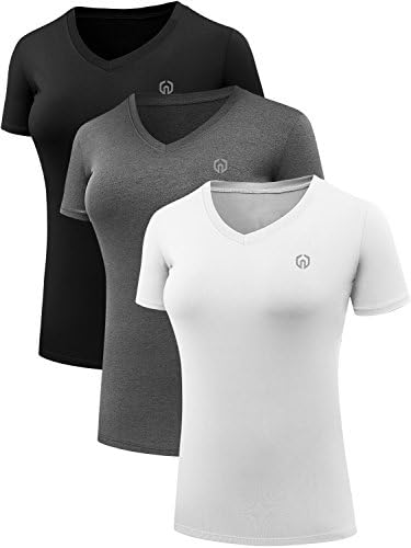 NELEUS Women's 3 Pack V Neck Compression Running Shirt, Black, Grey, White