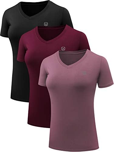 NELEUS Women's 3 Pack V Neck Compression Running Shirt Workout Clothes, Black/Burgundy/Rosy Brown