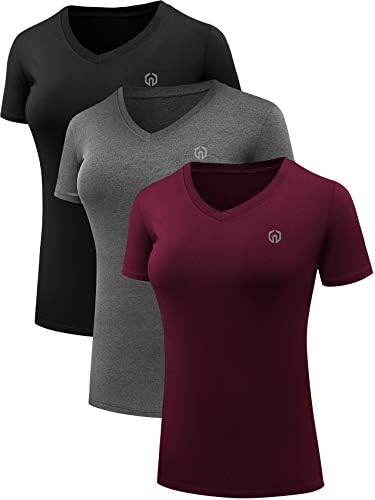 NELEUS Women's 3 Pack V Neck Compression Running Shirt Workout Clothes, Black/Grey/Burgundy