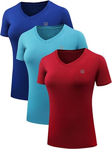 NELEUS Women's 3 Pack V Neck Workout Clothes Compression Running Shirt, Blue, Light Blue, Red