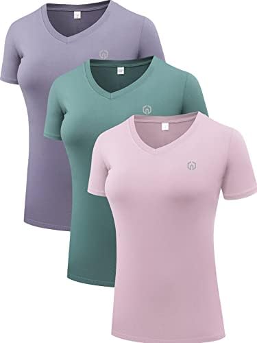 NELEUS Women's 3 Pack V Neck Workout Clothes Compression Running Shirt, Pink/Purple/Blackish Green