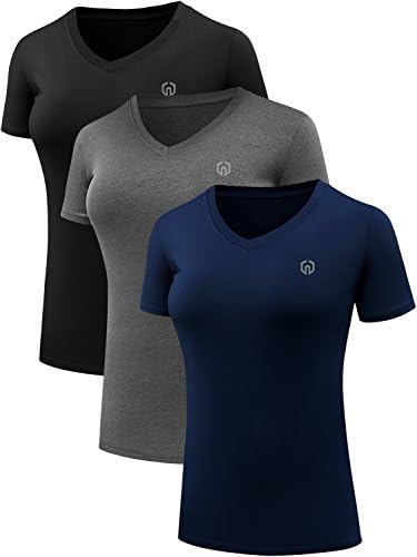 NELEUS Women's 3 Pack V Neck Workout Compression Shirt, Black, Grey, Navy Blue