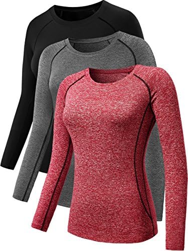 NELEUS Women's 3 Pack Workout Clothes Compression Running Shirt, Black, Grey, Red