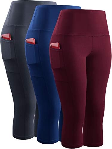 NELEUS Women's 3 Pack Yoga Capri Pants Workout Running Leggings, Blue/Grey/Red