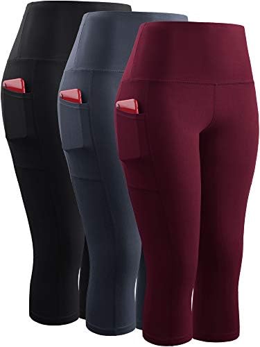 NELEUS Women's 3 Pack Yoga Capri Pants Workout Running Leggings, Black/Grey/Red