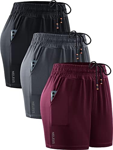 NELEUS Women's 4 Inches Running Shorts Workout Athletic Short for Yoga with Pocket, Black/Grey/Red, 3 Pack, Large