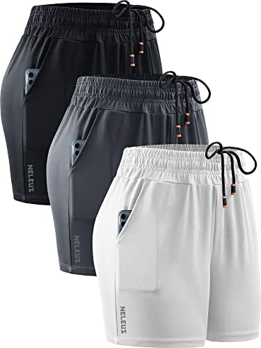 NELEUS Women's 4 Inches Running Shorts Workout Athletic Short for Yoga with Pocket, Black/Grey/White, 3 Pack