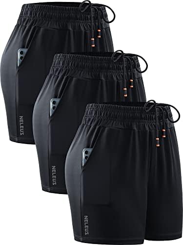 NELEUS Women's 4 Inches Running Shorts Workout Athletic Short for Yoga with Pocket, Black/Black/Black, 3 Pack