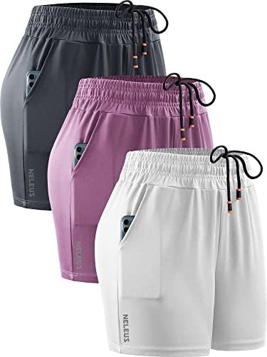 NELEUS Women's 4 Inches Running Shorts Workout Athletic Short for Yoga with Pocket, Pink/Grey/Red, 3 Pack