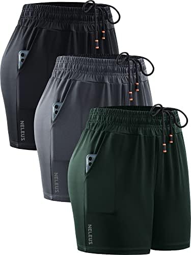 NELEUS Women's 4 Inches Running Shorts Workout Athletic Short for Yoga with Pocket, Black/Grey/Blackish Green, 3 Pack