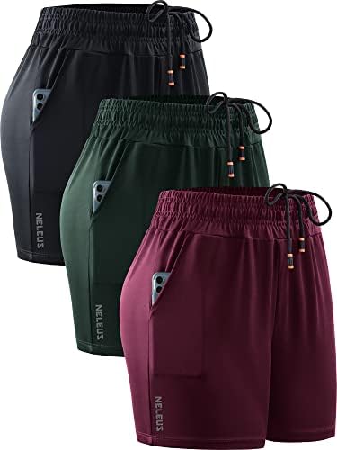 NELEUS Women's 4 Inches Running Shorts Workout Athletic Short for Yoga with Pocket, Black/Red/Blackish Green, 3 Pack