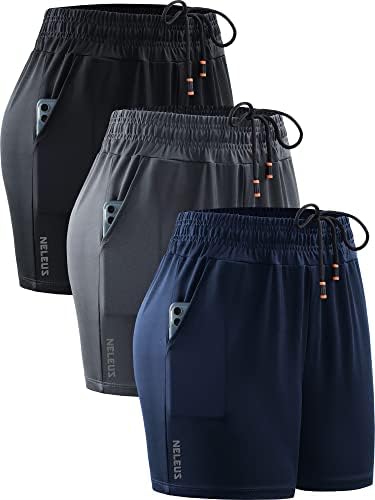 NELEUS Women's 4 Inches Running Shorts Workout Athletic Short for Yoga with Pocket, Black/Grey/Navy Blue, 3 Pack, Medium