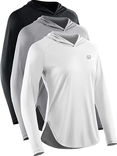 NELEUS Women's Sun Protection Running Shirts Workout Athletic Long Sleeves Shirts with Hoods, Black/Grey/White, 3 Pack, Medium