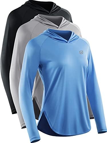 NELEUS Women's Sun Protection Running Shirts Workout Athletic Long Sleeves Shirts with Hoods, Black/Grey/Blue, 3 Pack