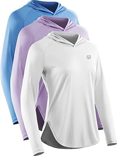 NELEUS Women's Sun Protection Running Shirts Workout Athletic Long Sleeves Shirts with Hoods, White/Blue/Purple, 3 Pack
