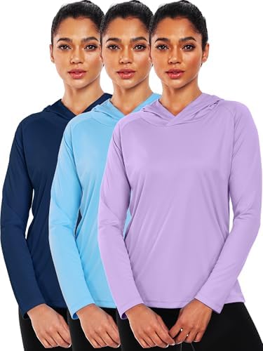 NELEUS Women's Sun Protection Running Shirts Workout Athletic Long Sleeves Shirts with Hoods, Navy Blue/Blue/Purple, 3 Pack