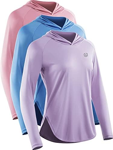 NELEUS Women's Sun Protection Running Shirts Workout Athletic Long Sleeves Shirts with Hoods, Pink/Blue/Purple, 3 Pack, Medium