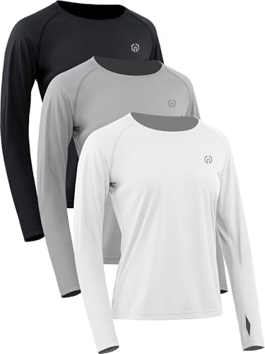 NELEUS Women's UPF 50+ Long Sleeve Shirt Workout Running Tops Hiking, 8502 Black/Grey/White, 3 Pack