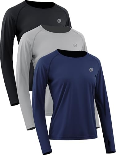 NELEUS Women's UPF 50+ Long Sleeve Shirt Workout Running Tops Hiking, 8502 Black/Grey/Navy Blue, 3 Pack