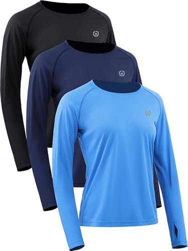 NELEUS Women's UPF 50+ Long Sleeve Shirt Workout Running Tops Hiking, 8502 Black/Navy Blue/Blue, 3 Pack