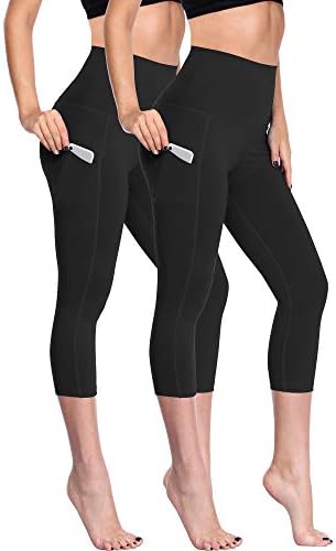 NELEUS Women's Yoga Capris Running Tummy Control High Waist Workout Leggings with Pockets, 2 Pack, Black, Black