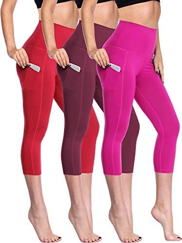 NELEUS Women's Yoga Capris Running Tummy Control High Waist Workout Leggings with Pockets, 3 Pack, Red, Wine Red, Rose Red