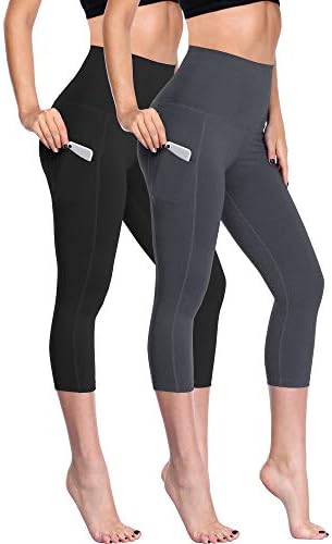 NELEUS Women's Yoga Capris Running Tummy Control High Waist Workout Leggings with Pockets, 2 Pack, Black, Grey