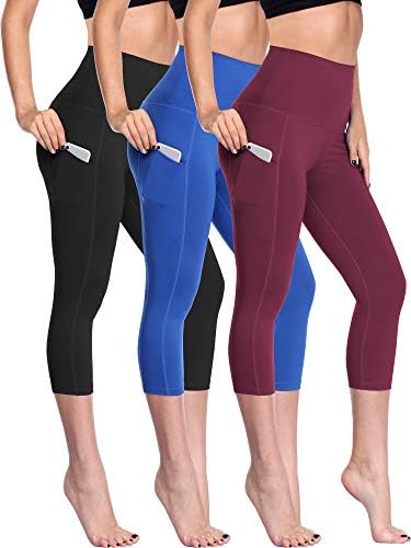 NELEUS Women's Yoga Capris Running Tummy Control High Waist Workout Leggings with Pockets, 3 Pack, Black, Blue, Wine Red