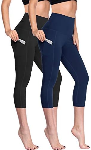 NELEUS Women's Yoga Capris Running Tummy Control High Waist Workout Leggings with Pockets, 2 Pack, Black, Navy Blue