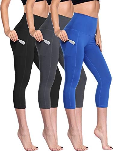 NELEUS Women's Yoga Capris Running Tummy Control High Waist Workout Leggings with Pockets, 3 Pack, Black, Grey, Blue
