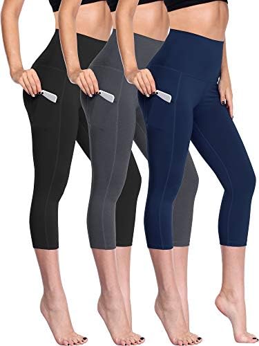 NELEUS Women's Yoga Capris Running Tummy Control High Waist Workout Leggings with Pockets, 3 Pack, Black, Grey, Navy