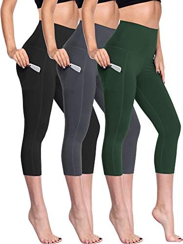 NELEUS Women's Yoga Capris Running Tummy Control High Waist Workout Leggings with Pockets, 3 Pack, Black, Grey, Dark Green