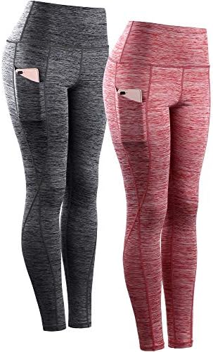 NELEUS Women's Yoga Pant Running Workout Leggings with Pocket Tummy Control High Waist, 2 Pack, Black, Red