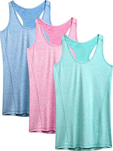 NELEUS Workout Running Racerback Long Tank Top for Women, 3 Pack, Light Blue, Rose red, Light Green