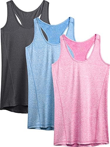 NELEUS Workout Running Racerback Long Tank Top for Women, 3 Pack, Grey, Light Blue, Rose red