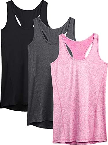 NELEUS Workout Running Racerback Long Tank Top for Women, 3 Pack, Black, Grey, Rose Red